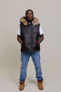 Men's Leather Bubble Vest Copper With Premium Raccoon Hood