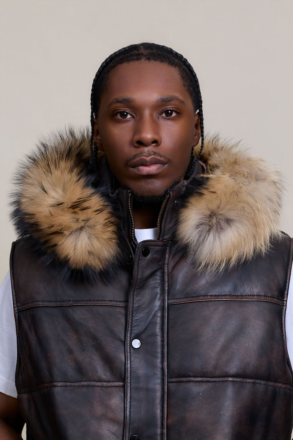 Men's Leather Bubble Vest Copper With Premium Raccoon Hood