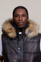 Men's Leather Bubble Vest Copper With Premium Raccoon Hood
