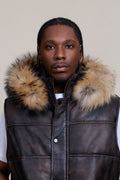 Men's Leather Bubble Vest Copper With Premium Raccoon Hood