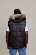 Men's Leather Bubble Vest Copper With Premium Raccoon Hood