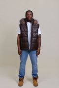 Men's Leather Bubble Vest With Fox Fur Hood [Chocolate]