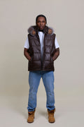 Men's Leather Bubble Vest With Fox Fur Hood [Chocolate]