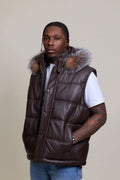 Men's Leather Bubble Vest With Fox Fur Hood [Chocolate]
