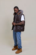 Men's Leather Bubble Vest With Fox Fur Hood [Chocolate]