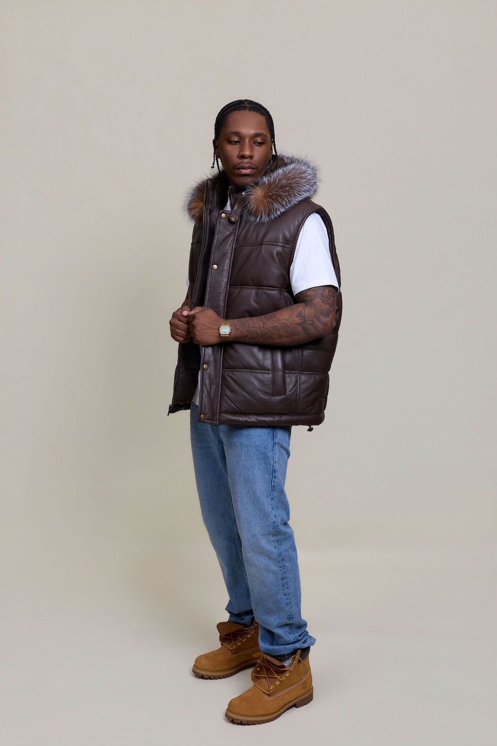 Men's Leather Bubble Vest With Fox Fur Hood [Chocolate]