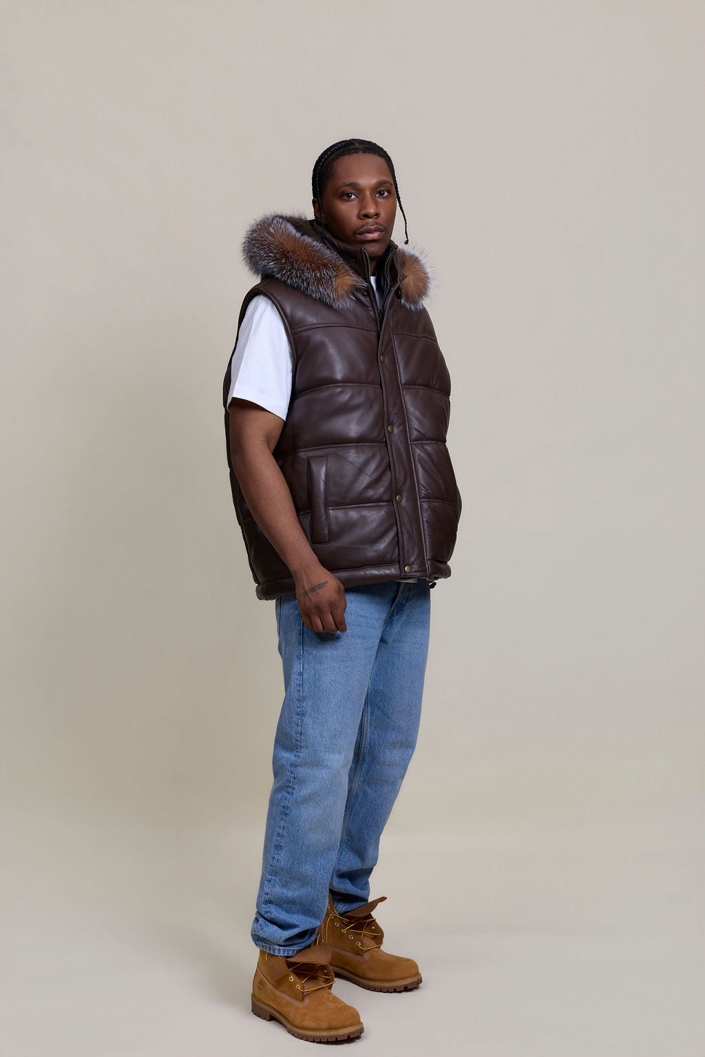Men's Leather Bubble Vest With Fox Fur Hood [Chocolate]