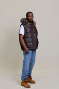 Men's Leather Bubble Vest With Fox Fur Hood [Chocolate]