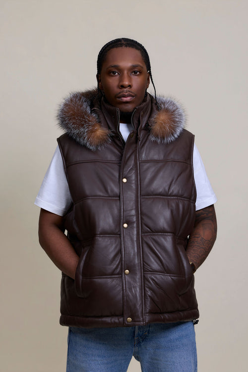 Men's Leather Bubble Vest With Fox Fur Hood [Chocolate]