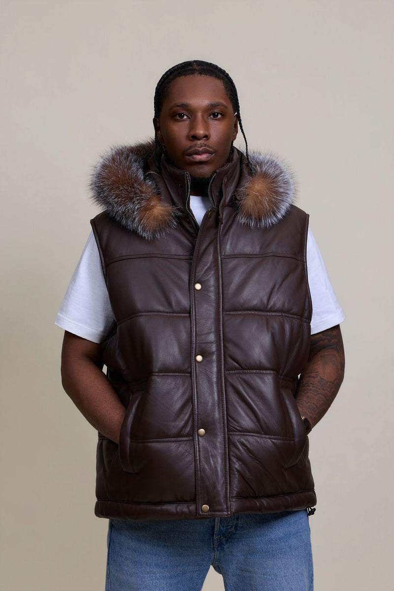 Men's Leather Bubble Vest With Fox Fur Hood [Chocolate]