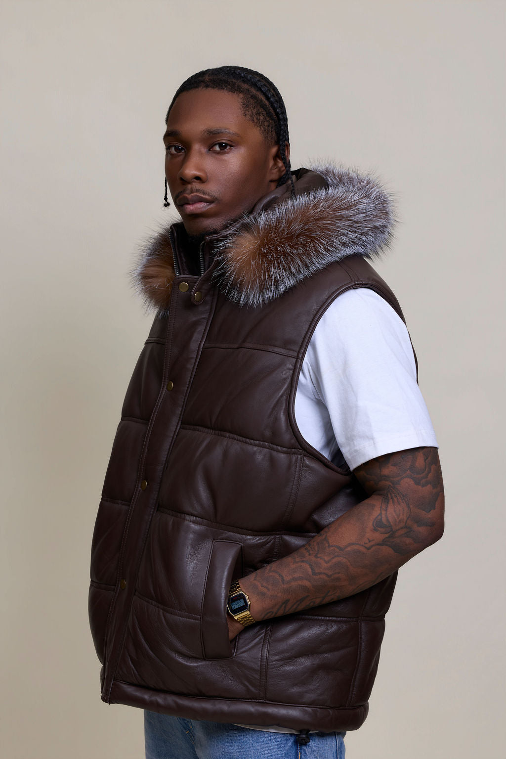 Men's Leather Bubble Vest With Fox Fur Hood [Chocolate]