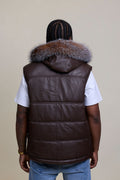 Men's Leather Bubble Vest With Fox Fur Hood [Chocolate]