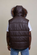 Men's Leather Bubble Vest With Fox Fur Hood [Chocolate]