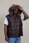 Men's Leather Bubble Vest With Fox Fur Hood [Chocolate]