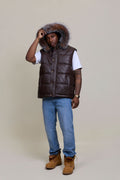 Men's Leather Bubble Vest With Fox Fur Hood [Chocolate]