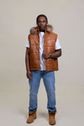 Men's Leather Bubble Vest With Fox Fur Hood [Saddle Brown]