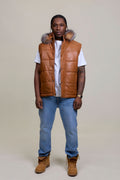 Men's Leather Bubble Vest With Fox Fur Hood [Saddle Brown]