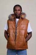 Men's Leather Bubble Vest With Fox Fur Hood [Saddle Brown]