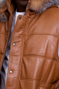 Men's Leather Bubble Vest With Fox Fur Hood [Saddle Brown]
