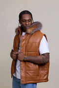 Men's Leather Bubble Vest With Fox Fur Hood [Saddle Brown]