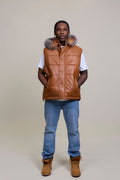 Men's Leather Bubble Vest With Fox Fur Hood [Saddle Brown]