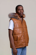 Men's Leather Bubble Vest With Fox Fur Hood [Saddle Brown]