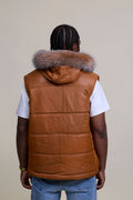 Men's Leather Bubble Vest With Fox Fur Hood [Saddle Brown]