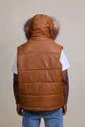 Men's Leather Bubble Vest With Fox Fur Hood [Saddle Brown]