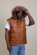 Men's Leather Bubble Vest With Fox Fur Hood [Saddle Brown]
