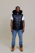 Men's Leather Bubble Vest With Premium Fox Fur Hood