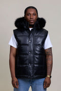 Men's Leather Bubble Vest With Premium Fox Fur Hood