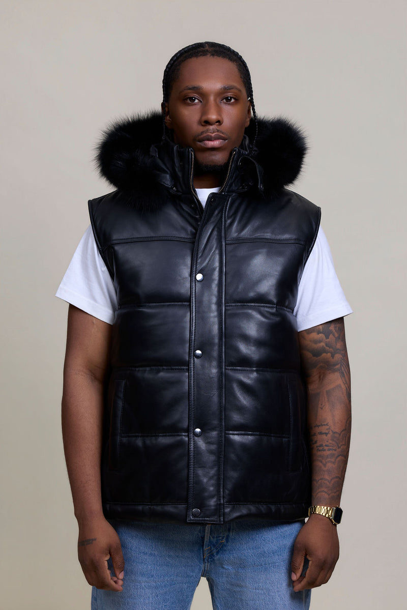 Men's Leather Bubble Vest With Premium Fox Fur Hood