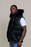 Men's Leather Bubble Vest With Premium Fox Fur Hood