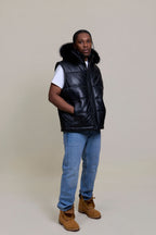 Men's Leather Bubble Vest With Premium Fox Fur Hood