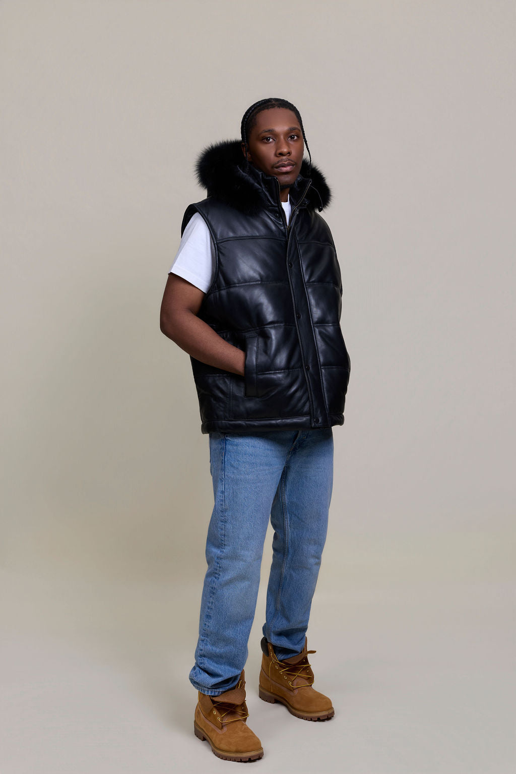 Men's Leather Bubble Vest With Premium Fox Fur Hood