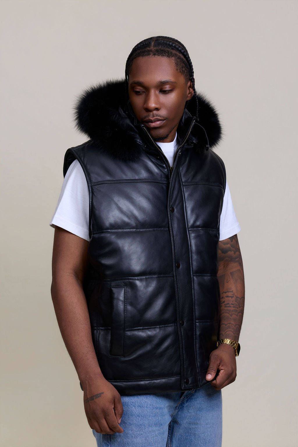 Men's Leather Bubble Vest With Premium Fox Fur Hood