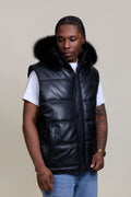 Men's Leather Bubble Vest With Premium Fox Fur Hood
