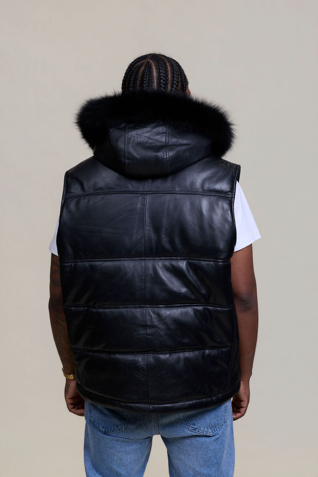Men's Leather Bubble Vest With Premium Fox Fur Hood