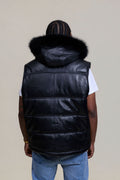Men's Leather Bubble Vest With Premium Fox Fur Hood
