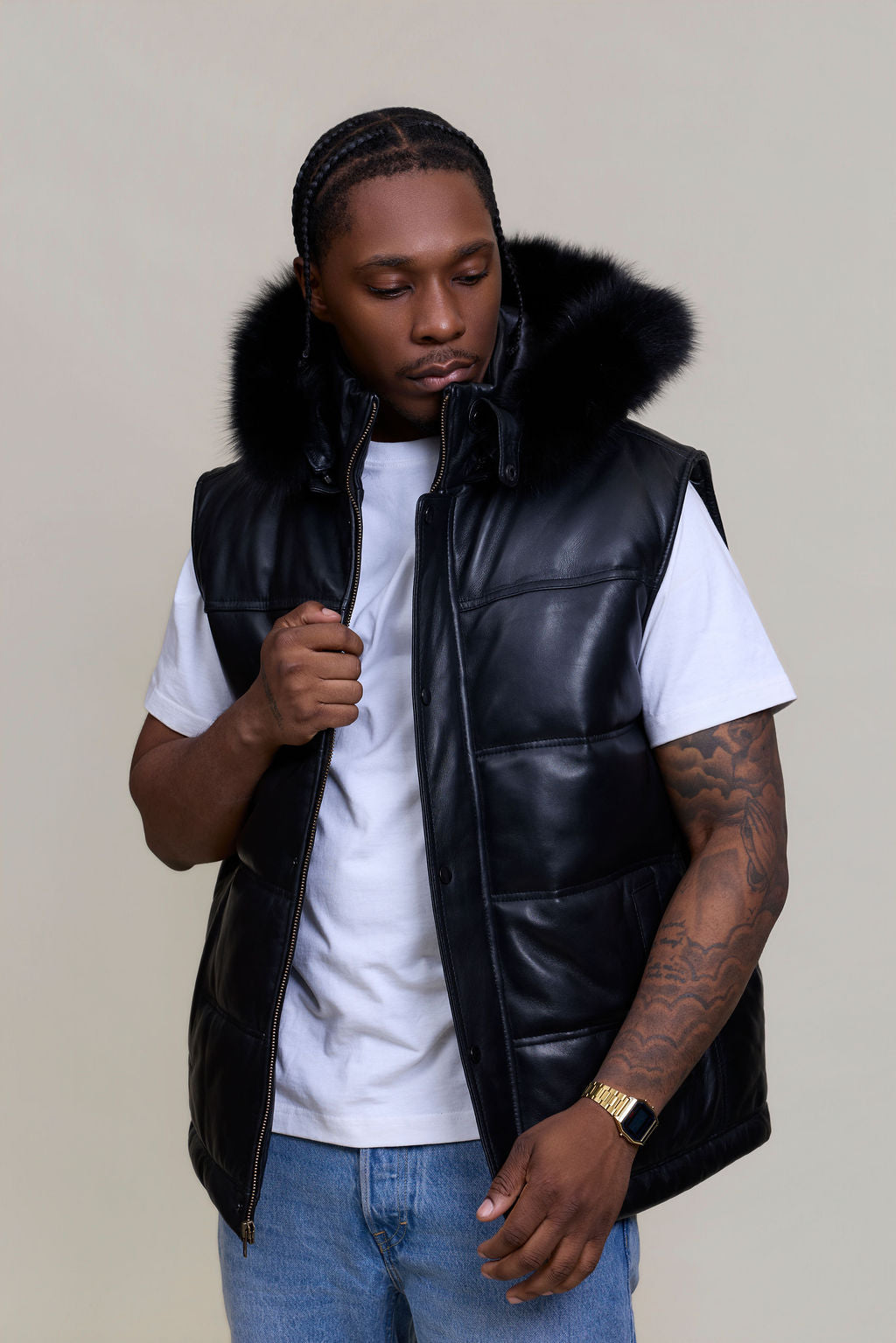 Men's Leather Bubble Vest With Premium Fox Fur Hood