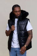 Men's Leather Bubble Vest With Premium Fox Fur Hood