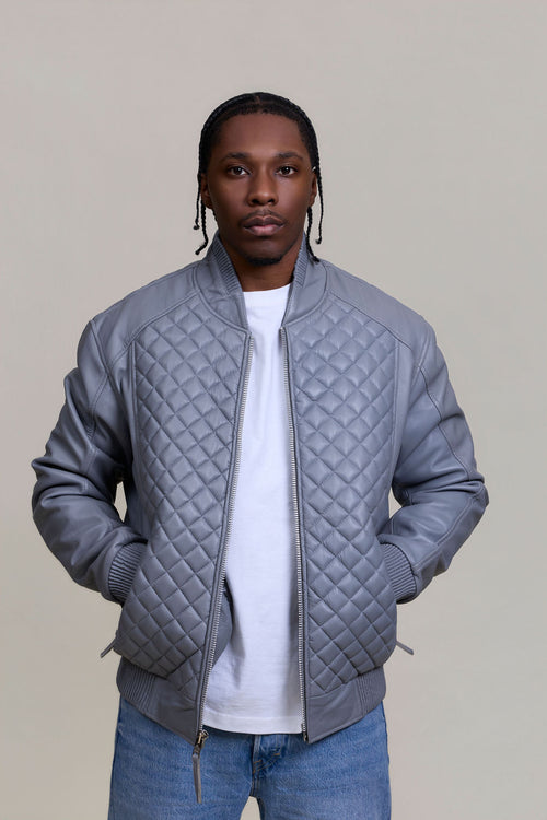 Men's Lucas Quilted Leather Bomber Jacket [Grey]