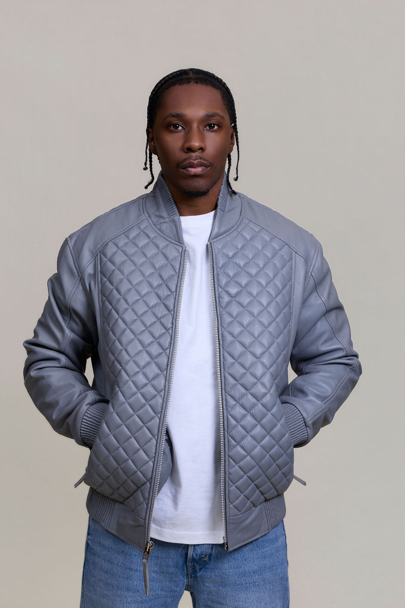 Men's Lucas Quilted Leather Bomber Jacket [Grey]