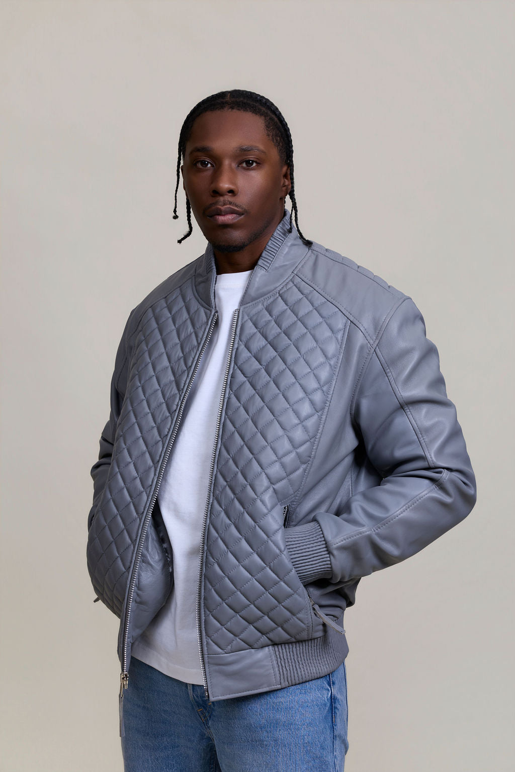 Men's Lucas Quilted Leather Bomber Jacket [Grey]