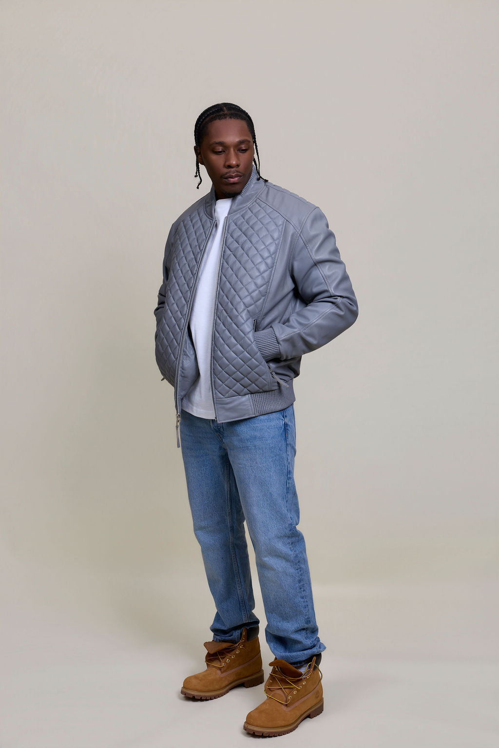Men's Lucas Quilted Leather Bomber Jacket [Grey]