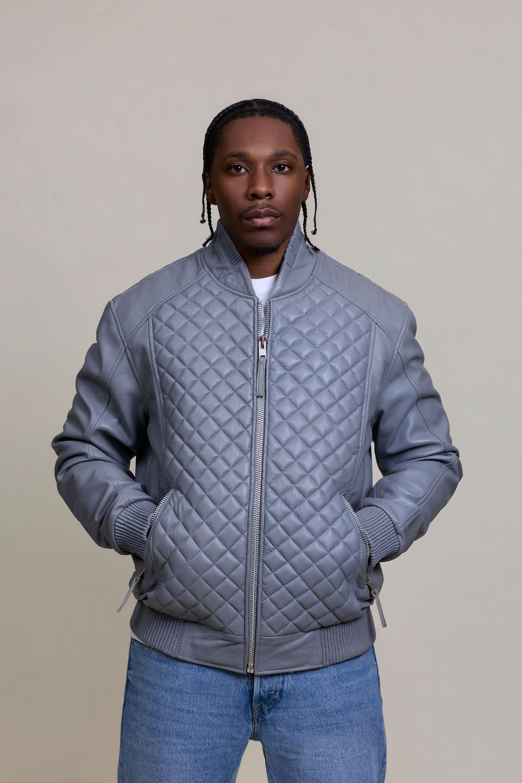 Men's Lucas Quilted Leather Bomber Jacket [Grey]