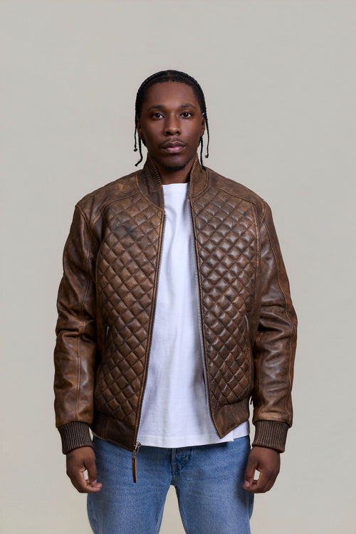 Men's Lucas Quilted Leather Bomber Jacket [Antique Brown]