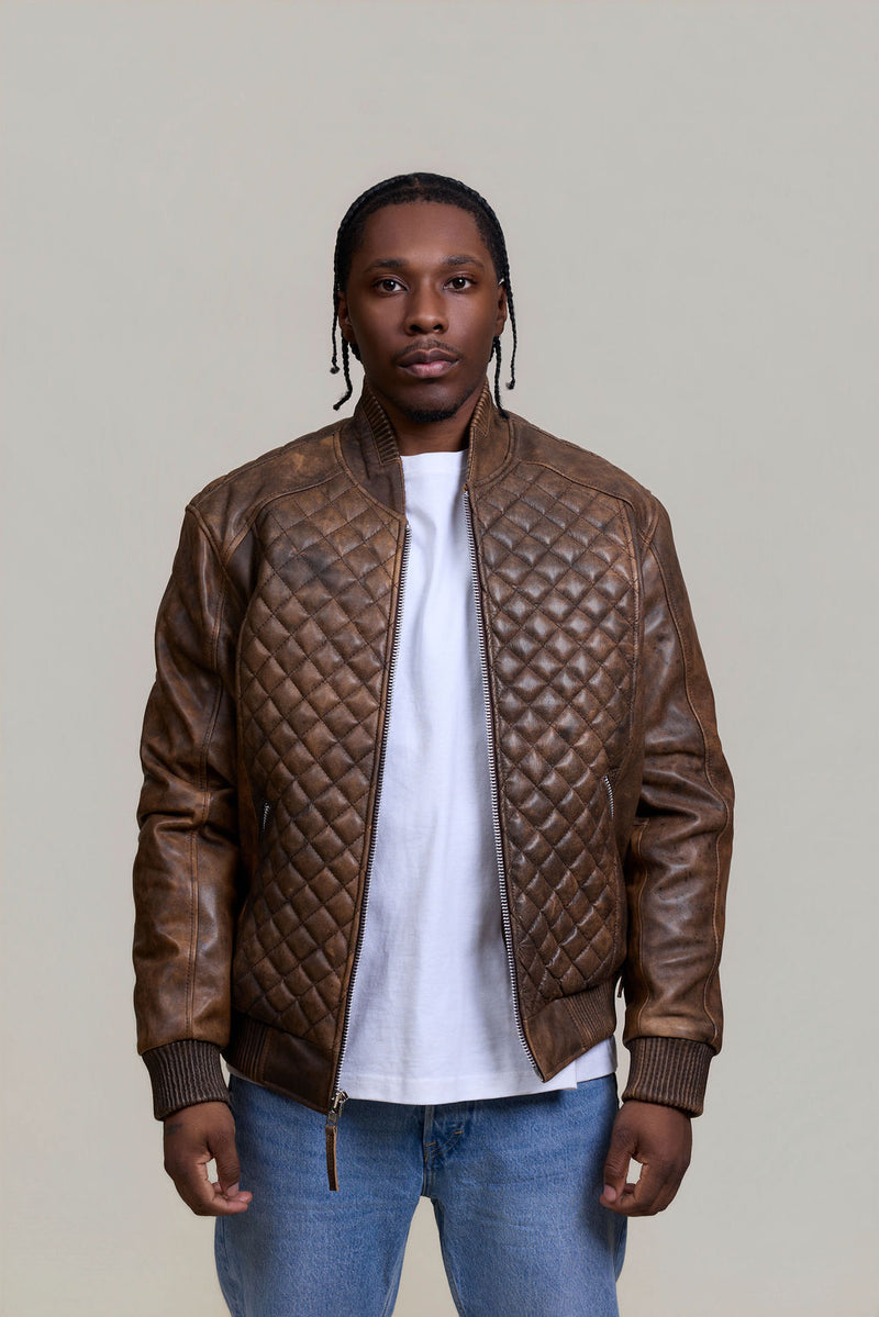 Men's Lucas Quilted Leather Bomber Jacket [Antique Brown]