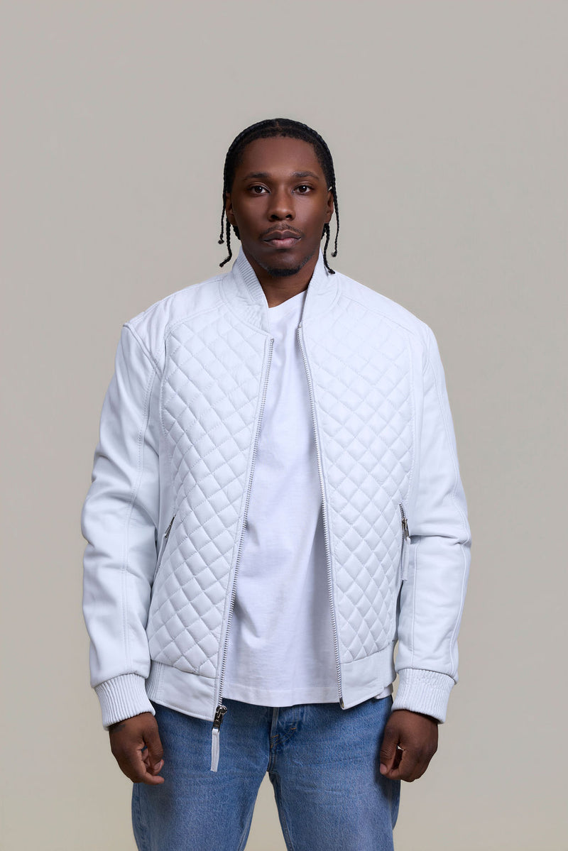 Men's Lucas Quilted Leather Bomber Jacket [White]