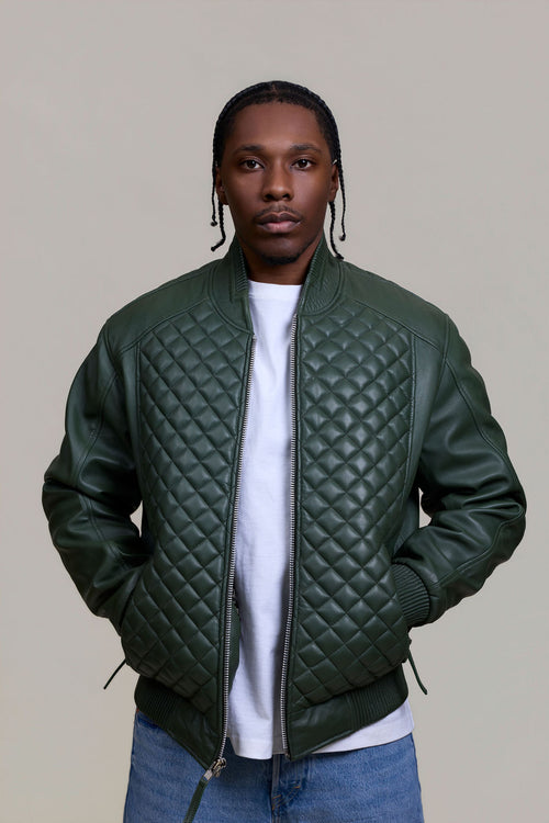 Men's Lucas Quilted Leather Bomber Jacket [Military Green]